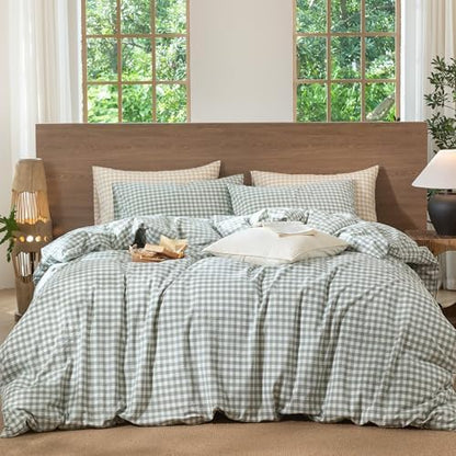 MooMee Gingham Duvet Cover Set 100% Washed Cotton Linen Like