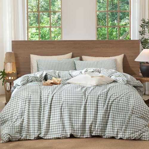 MooMee Gingham Duvet Cover Set 100% Washed Cotton Linen Like