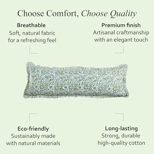 CPC Block Print Agate Green Ruffle Cotton Lumbar Pillow Cover 20x54 inch