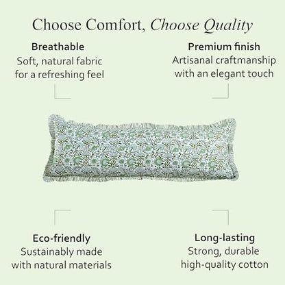 CPC Block Print Agate Green Ruffle Cotton Lumbar Pillow Cover 20x54 inch