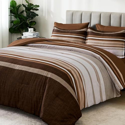 Dobuyly Fall Brown Comforter Full Size Set 7 Pieces, Boho Striped Bed in a Bag Full Soft Microfiber Bedding Set with Comforter, Sheets, Pillowcases & Shams