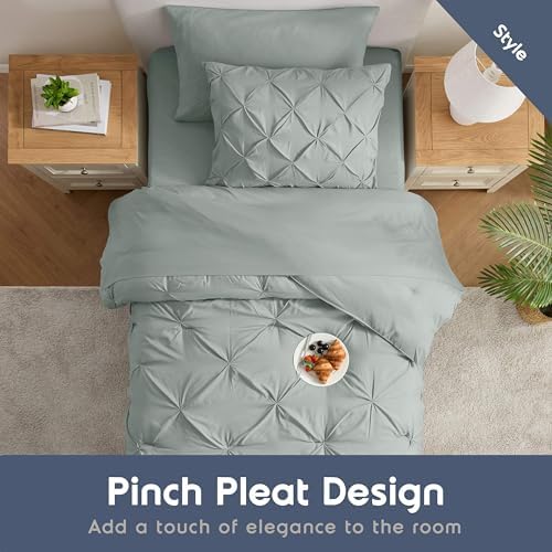 Nestl 7 Piece Twin Comforter Set – Sage Green Pinch Pleated Bed in a Bag – Complete Twin Size Bedding Set with Sheets, Set of 2 Cooling Pillows, Pillowcase and Sham