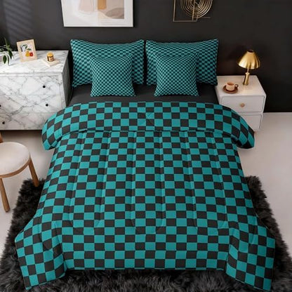 jejeloiu Teal Checkerboard Comforter Set with Sheets 7 Piece Full Size