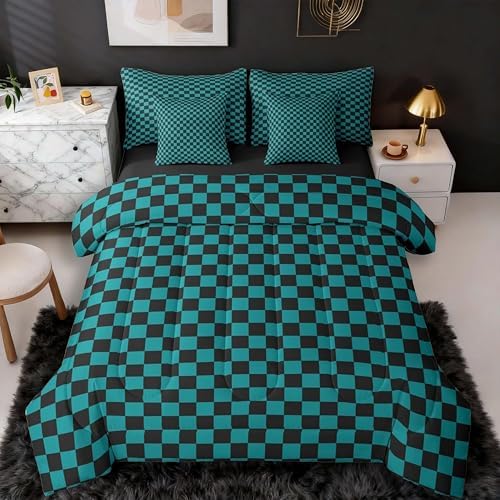 jejeloiu Teal Checkerboard Comforter Set with Sheets 7 Piece King Size