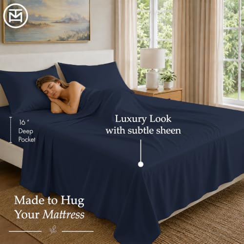 Threadmill 100% Cotton Sheets for Cal King Size Bed - 600 Thread Count Cal King Bed Sheets Set with 16” Deep Pocket - Sateen Weave 4-Piece Bedding Set with Cooling Effect, Folkstone Blue