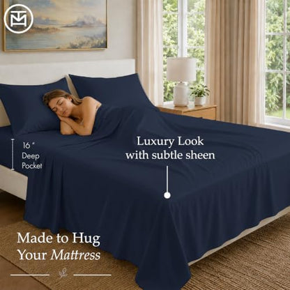 Threadmill 100% Cotton Sheets for Cal King Size Bed - 600 Thread Count Cal King Bed Sheets Set with 16” Deep Pocket - Sateen Weave 4-Piece Bedding Set with Cooling Effect, Folkstone Blue