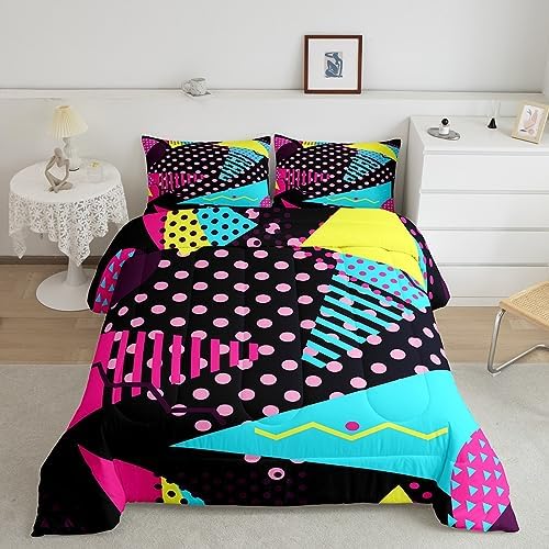 Manfei Memphis Comforter Set Twin Size, Retro 80s or 90s Fashion Style Quilt Set with 1 Pillowcase, Geometric Triangle Circle Bedding Set 2pcs for Kids Boy Girls Lightweight Duvet Insert
