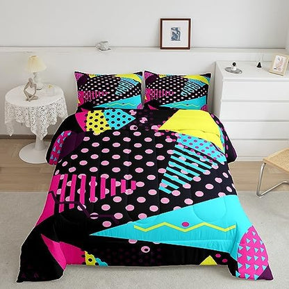 Manfei Memphis Comforter Set Twin Size, Retro 80s or 90s Fashion Style Quilt Set with 1 Pillowcase, Geometric Triangle Circle Bedding Set 2pcs for Kids Boy Girls Lightweight Duvet Insert