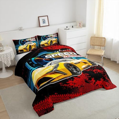 Erosebridal Kid Comforter Set - King Size,Racing Car Bedding Sets for Boys & Girls,Race Cars Quilt Bed Set with 1 Comforter 2 Pillowcases,Red Black and Yellow