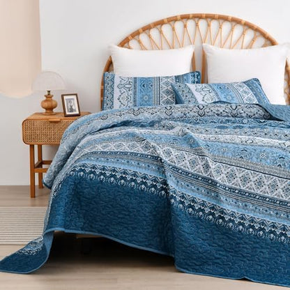 WONGS BEDDING Blue Quilt California King Size,3 Pcs Bedspread Bedding Set
