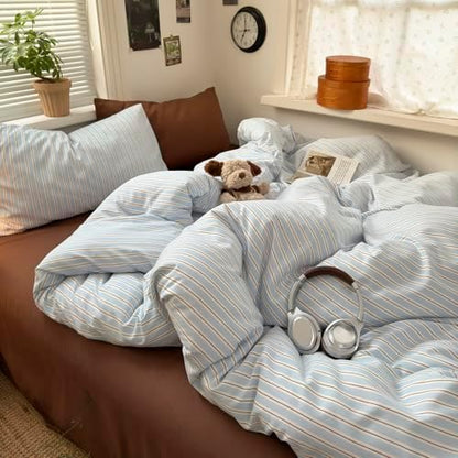 mixinni Vintage Striped King Duvet Cover Set, Washed Microfiber Coastal Bedding, Light Blue Brown Vertical Stripe Comforter Cover with Zipper & Corner Ties, (1 Duvet Cover + 2 Pillowcases)