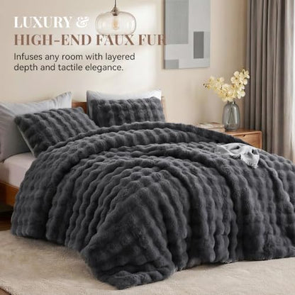 Smoofy Fluffy Faux Rabbit Fur Bubble Comforter Queen Size - Dark Grey