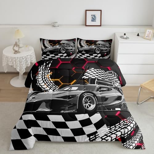 Toddler Race Car Bed,Red Orange Neon Lights Honeycomb Bedding Set Cool Sports Car Glitter Beehive Geometric Hexagon Twin Comforter Set for Boys,Black White Grid Lattice Quilt Buffalo Plaid Decor
