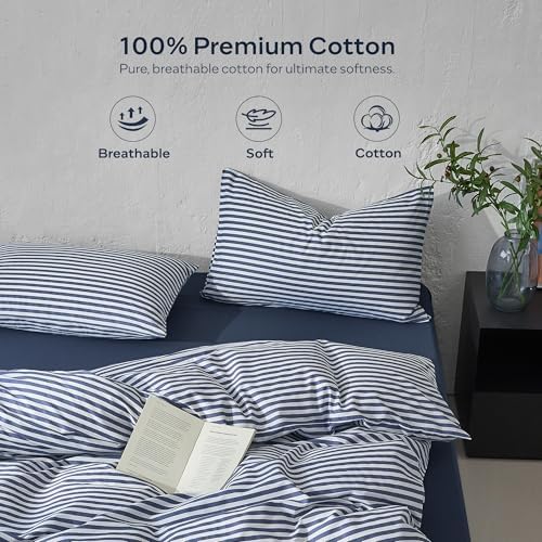 JELLYMONI 100% Cotton Printed Striped Queen Duvet Cover Set, Navy Blue