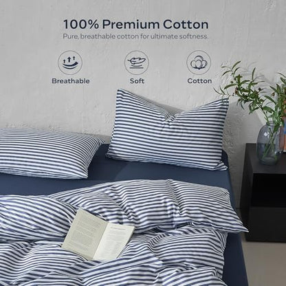 JELLYMONI 100% Cotton Printed Striped Queen Duvet Cover Set, Navy Blue