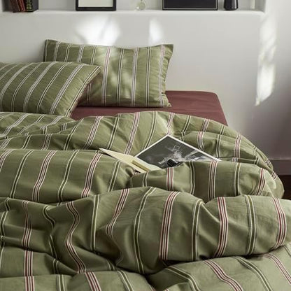 mixinni Vintage Olive Green Striped Duvet Cover Set King, 100% Cotton Yarn-Dyed Jacquard Bedding 3 Pieces, Reversible Design Retro Terracotta Comforter Cover with Zipper & Corner Ties
