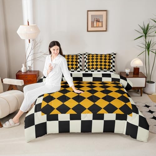 Checkered Geometric Comforter Set Twin Size Beige Yellow Plaid Bedding Set for Kids Boys Girls Checkerboard Modern Aesthetic Duvet Quilt Cute Retro Neutral Bedroom Decor 2 Pcs with 1 Pillow Cases