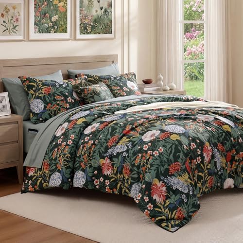 Queen Comforter Set - 7 Pieces Green Floral Bed in a Bag Queen Bedding Sets
