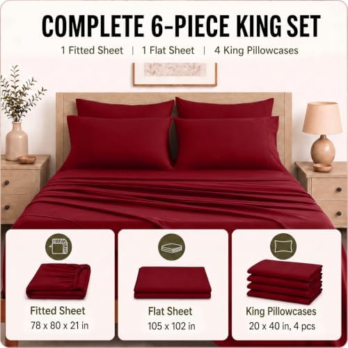 CozyLux King Size Sheets Set 6-Piece, 21-Inch Deep Pocket, Soft Feel