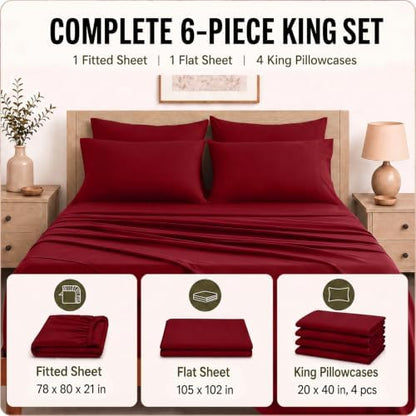 CozyLux King Size Sheets Set 6-Piece, 21-Inch Deep Pocket, Soft Feel