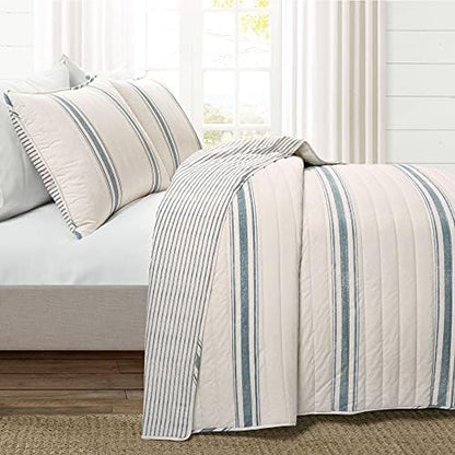 Lush Decor Farmhouse Stripe Reversible Cotton Quilt King Size 3 Piece Set Blue - Farmhouse Bedding Set King Quilt - Striped Bedding