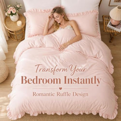 JANZAA Blush Pink Comforter Set Oversized King, Ruffle Soft Bedding