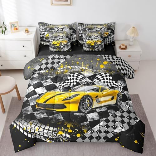 Castle Fairy Yellow Race Car Comforter Set Bed in a Bag 7 Pieces Queen,Black Yellow Grey Racing Themed Bedding Set,Cool Race Car (Comforter+Fitted+Flat Sheet+2 Pillowcases+2 Throw Pillow Covers)
