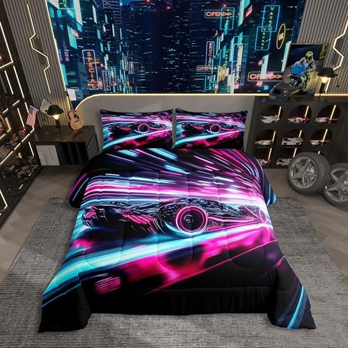 Erosebridal Kids Boys Girls Red Race Car Comforter Set King Size,Sports Cars Comforter Set for Teens Race Car Bedding Set Racing Cars Duvet Bed Set Room Decor Bedding Collection,Blue Black Pink