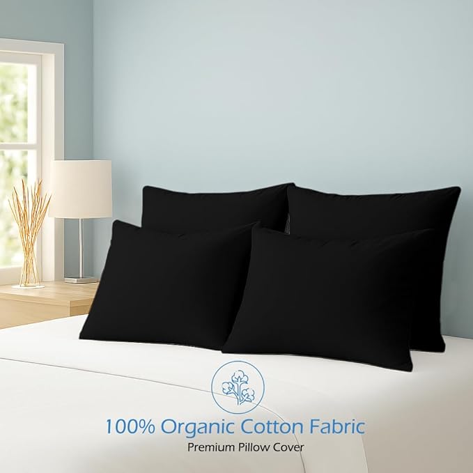 Comfort Beddings Queen Pillowcases Set of 4 – 100% Organic Cotton, 600 Thread Count Sateen, Soft & Comfy Pillow Covers with Envelope Closure, Black, Queen Size 20 x 30 Inches