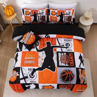 Aimuan Sports Geometric Grid Black Patchwork Basketball Printed for Boys Full 6Pcs Bed in A Bag Comforter Bedding Set (Orange, Full 6Pcs)