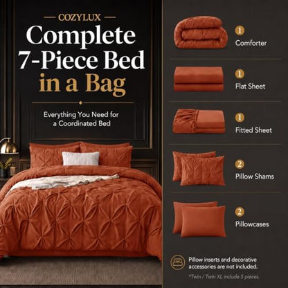 CozyLux Full Size Comforter Sets Burnt Orange, 7 Piece Pintuck Bed in a Bag