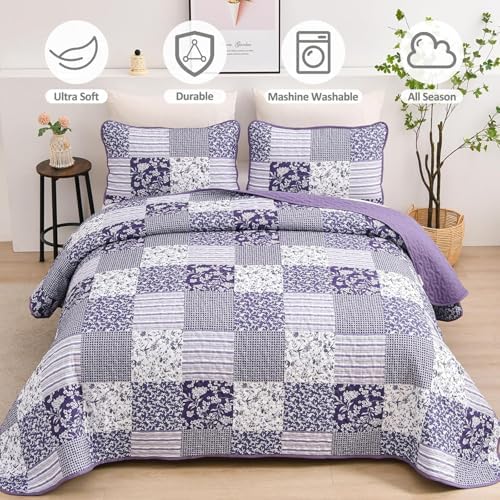 Mybedsoul Purple Quilt Set Full Size, Patchwork Floral Bedding Set
