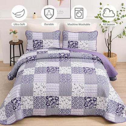 Mybedsoul Purple Quilt Set Full Size, Patchwork Floral Bedding Set