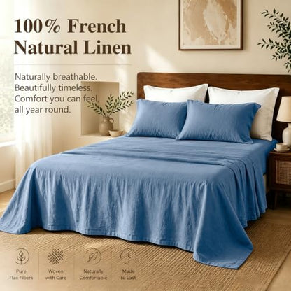 MEISHANG 100% French Linen Sheets Queen,4 Pcs,18-24" Extra Deep Pocket