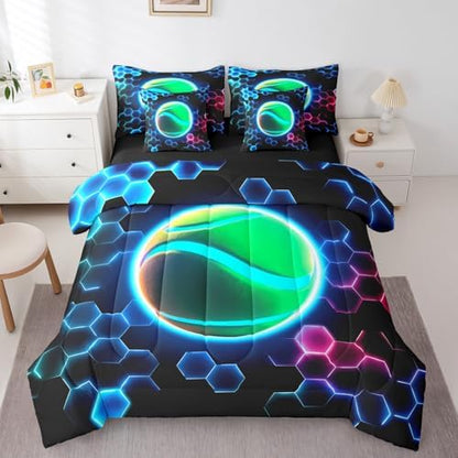 Erosebridal Tennis Queen Bedding Set - 3D Glitter Ball Pattern Bed in A Bag,Colorful Neon Honeycomb Comforter Sets with Sheets, Geometric Hexagon 7 Pieces Bed Set Bedroom Decor