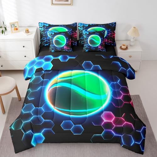 Erosebridal Tennis King Bedding Set - 3D Glitter Ball Pattern Bed in A Bag,Colorful Neon Honeycomb Comforter Sets with Sheets, Geometric Hexagon 7 Pieces Bed Set Bedroom Decor