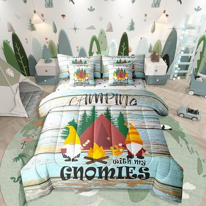 Erosebridal Kids Camping 7 Piece Bedding Set Queen,Kawaii Camper Gnomes Comforter Set Bed in a Bag,Vintage Farmhouse Wooden Board Flat Fitted Sheet,Jungle Trees Duvet Insert Reversible