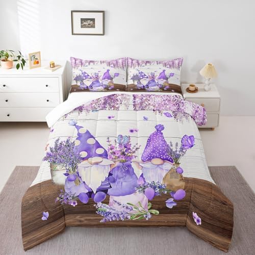 Manfei Cute Gnomes Comforter Set Queen Size, Purple Vine Flower Butterfly Quilt Set with 2 Pillowcases, Lavender Bouquet Bedding Set 3pcs for Kids Boys Girls Grey Wood Plank Duvet Insert