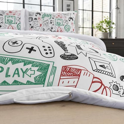 Game Comforter Sets for Boys Teen Twin Size,Kids Video Games Bedding Set Sketch Style Athletic Racing Game Design Bedroom Home Decor