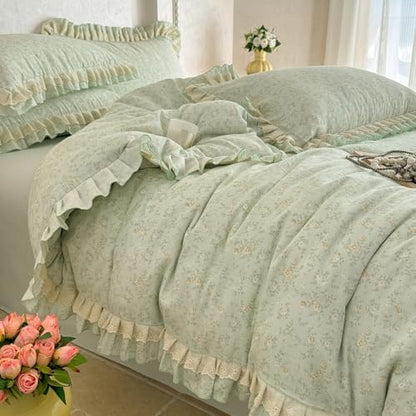 VM VOUGEMARKET Ruffle Duvet Cover Set Twin,Vintage Sage Green Floral Duvet Cover with Romantic Ruffles,Double-Layer Gauze Cotton Bedding Set,Comfy,Breathable & Lightweight for Teen Girls-68 x86