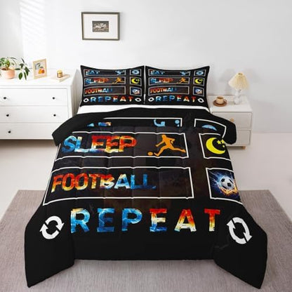 Boys Football Bedding Set, Soccer Sports Games Comforter Set Queen Size For Kids Girls Teens Adult Men, Ice And Fire Duvet Insert Eat Sleep Football Bedding Comforters With 2 Pillow Cases, Gold Blue