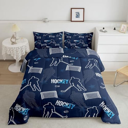 Ice Hockey Player Comforter Set Queen Size,Modern Minimalist Trendy Sport Bed in a Bag 3Pcs for Kids Teens Woman Men Room Decor,Navy Blue Quilted Duvet Athlete Silhouette Down Comforter,2 Pillowcases
