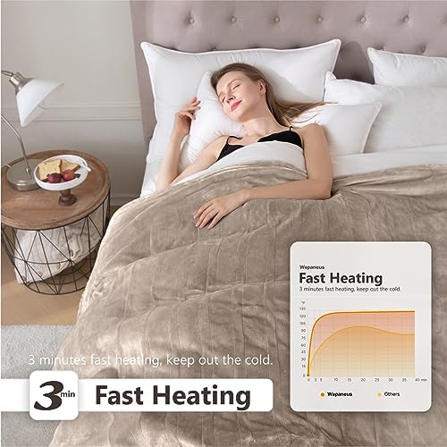 Wapaneus Heated Blanket Electric Queen Size 84"x90"-Dual Control with 10 Heat Levels 12 Timer Settings and 8 Hours Auto-Shut Off,Fast-Heating Electric Blanket,ETL Listed Machine Washable,Mushroom
