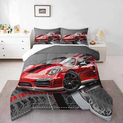 Feelyou Red Race Car Comforter Set Sports Car Bedding Set for Kids Boys Girls Extreme Sport Theme Gorgeous Duvet Set Cool Speed Automobile Decor Quilt Set with 2 Pillowcases 3Pcs Bedding Full