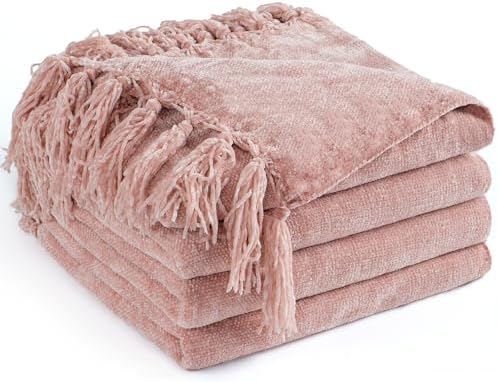 Chenille Throw Blanket for Couch 60" x 80" Twin, Dusty Pink