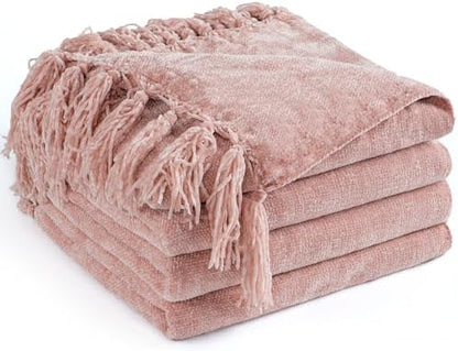 Chenille Throw Blanket for Couch 60" x 80" Twin, Dusty Pink
