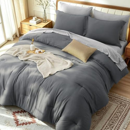 Prewashed King Size Comforter Set 7 Pieces, Grey Bed Set