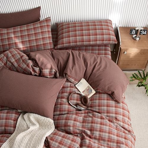 LifeTB Vintage Buffalo Plaid Duvet Cover Set Queen Size, 100% Washed Cotton Gingham Duvet Cover, Red&Blue Plaid Checkered Comforter Cover, Soft Breathable Grid Farmhouse Gingham Bedding Set Queen