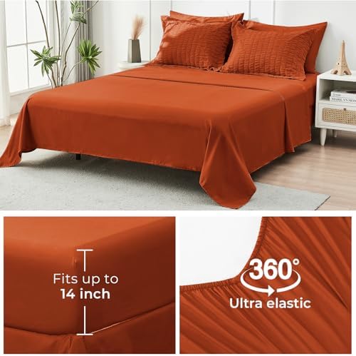 HYMOKEGE Burnt Orange Oversized King Comforter Set Seersucker 7 Pieces, All Season Luxury Bed in a Bag for Bedroom, Bedding Set with Comforter, Sheets, Pillowcases & Shams