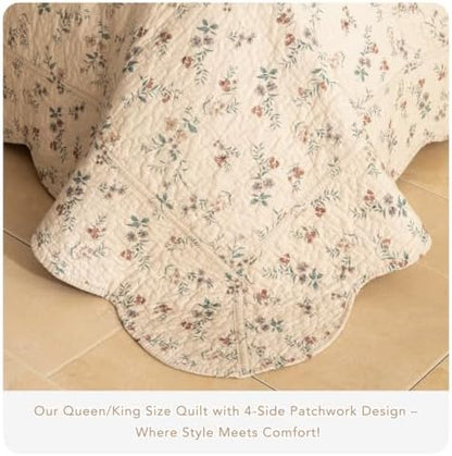 Lady Ann Cotton Quilt Twin Size(68"x86"), Cottagecore Wild Floral Quilted Bedspread, Lightweight Farmhouse Bedding Set （1 Coverlet and 1 Scalloped Edge Pillow Sham